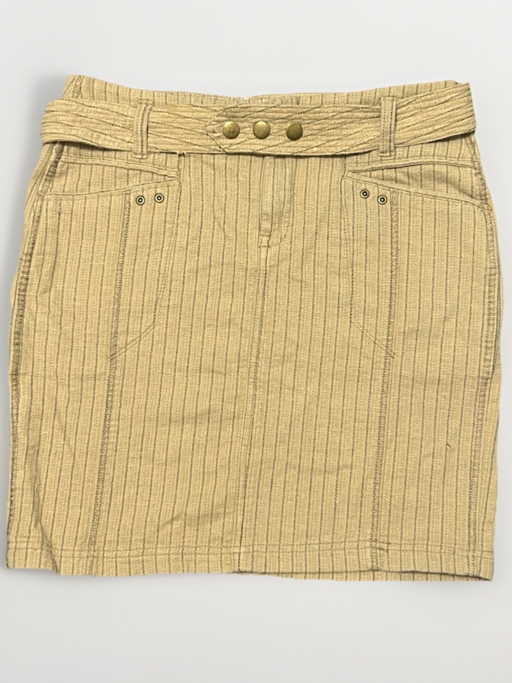 Y2K Pin Stripe Stretchy Beige Mini Skirt Cotton 4 pockets Matching Belt Size 10